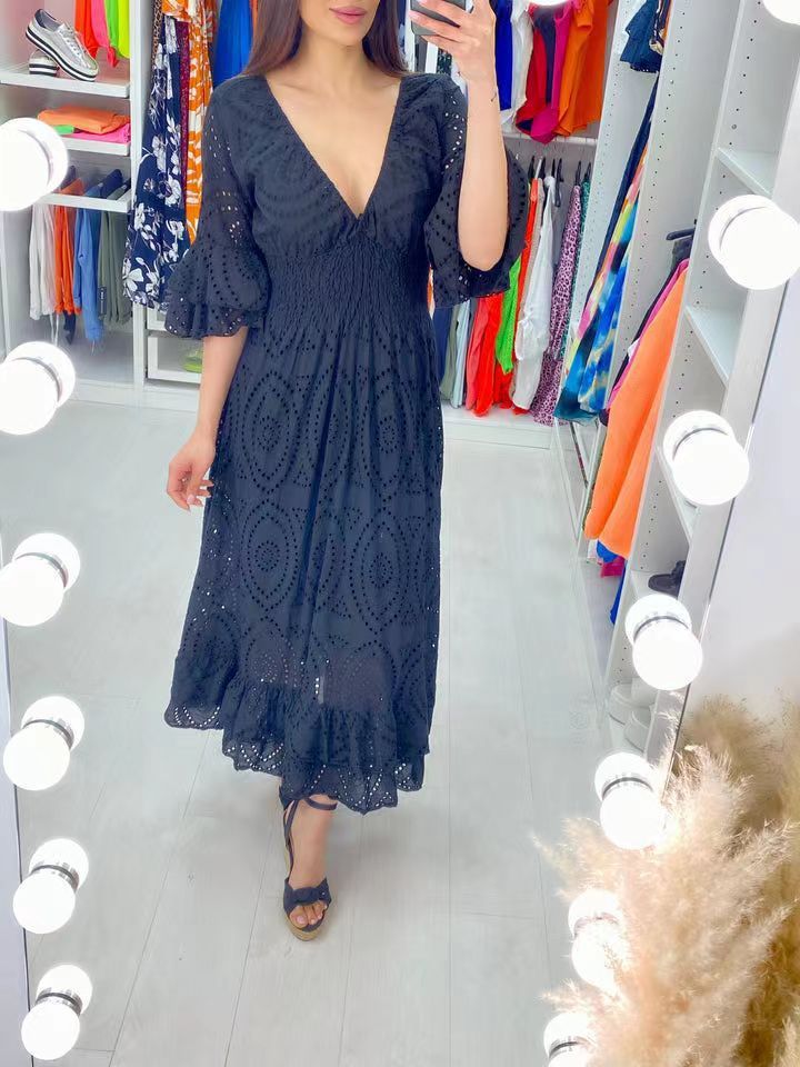 Alice || High Waisted Embroidered Solid V-neck Dress