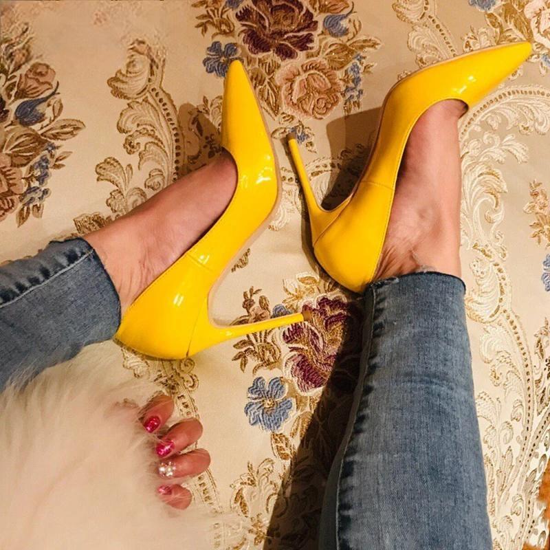 Yellow Women Patent Pointed Toe Pumps High Heels for Party Dress Fashion