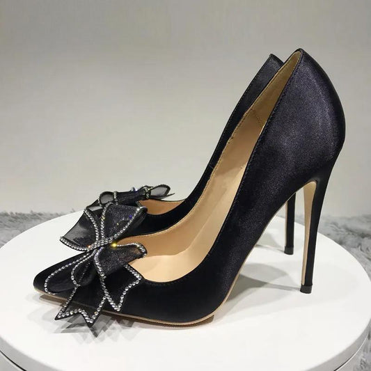 Satin Stiletto High Heels Slip On Pointed Toe Pumps with Silk Bowknot