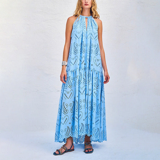 Shannon || Embroidered V-neck Halter Lace-up Sleeveless Dress