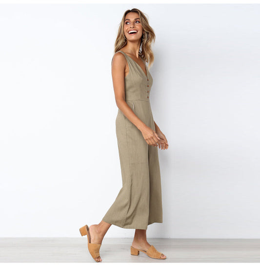 V-neck button backless jumpsuit