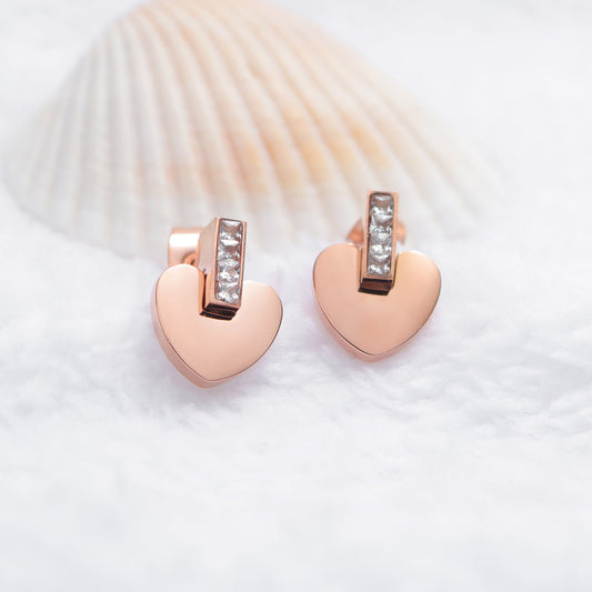 Titanium Steel Rose Gold Heart Zircon Stud Earrings