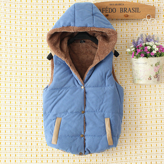 Winter Clothes New Style Korean Fashion Plus Fleece Hooded Cotton-Padded Vest Vest Female Loose Student Short Cotton-Padded Vest Jacket