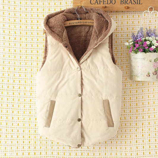 Winter Clothes New Style Korean Fashion Plus Fleece Hooded Cotton-Padded Vest Vest Female Loose Student Short Cotton-Padded Vest Jacket