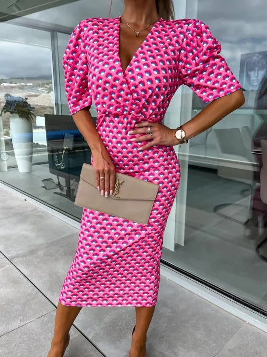V-neck Short-sleeved Print Slim Mid-length Skirt