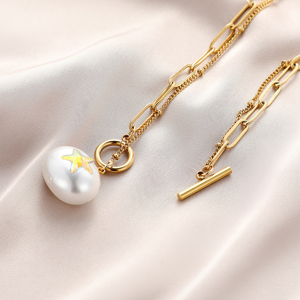 Stainless Steel Round Pearl Star Necklace