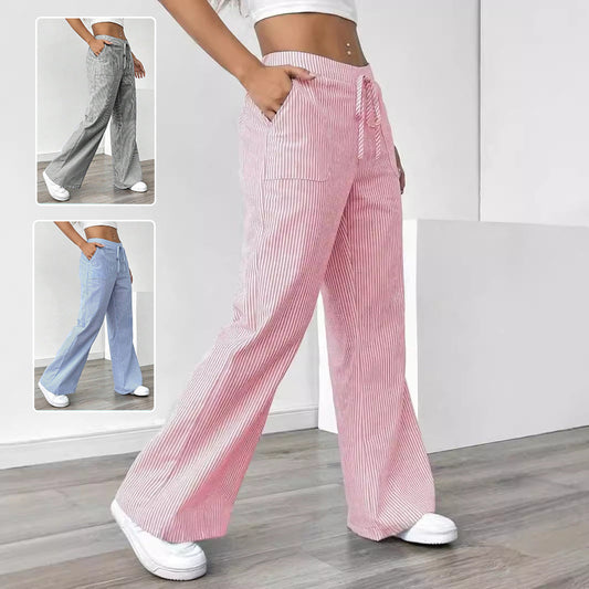 New Striped Trousers With Pockets Casual Versatile Loose Wide Leg Pants Women's Clothing