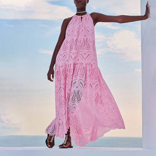 Shannon || Embroidered V-neck Halter Lace-up Sleeveless Dress
