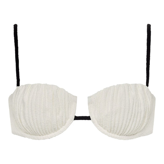 Cream (Black Binded) Terry Rib Petal Bikini Top