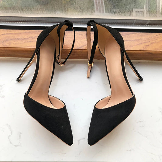 Black Flock Ankle Strap Pointy Toe High Heel Shoes for Women