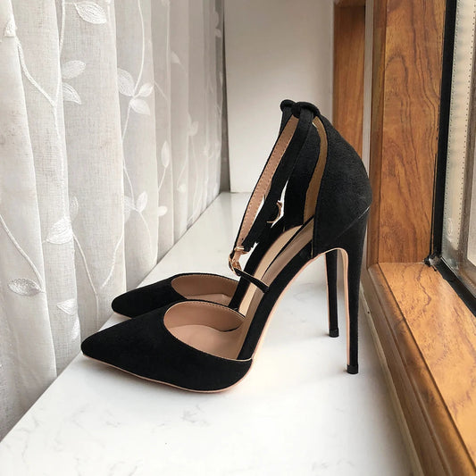 Black Flock Ankle Strap Pointy Toe High Heel Shoes for Women