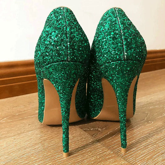 Green Glitter Pointed Toe Stilletto Pumps for Women - Sparkly Party High Heels