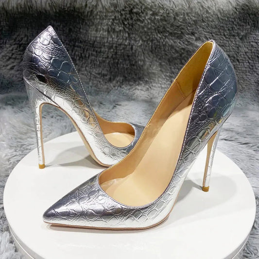 Silver Crocodile-Effect Women Sexy Pumps in 8cm, 10cm, and 12cm Pointed Toe High Heels