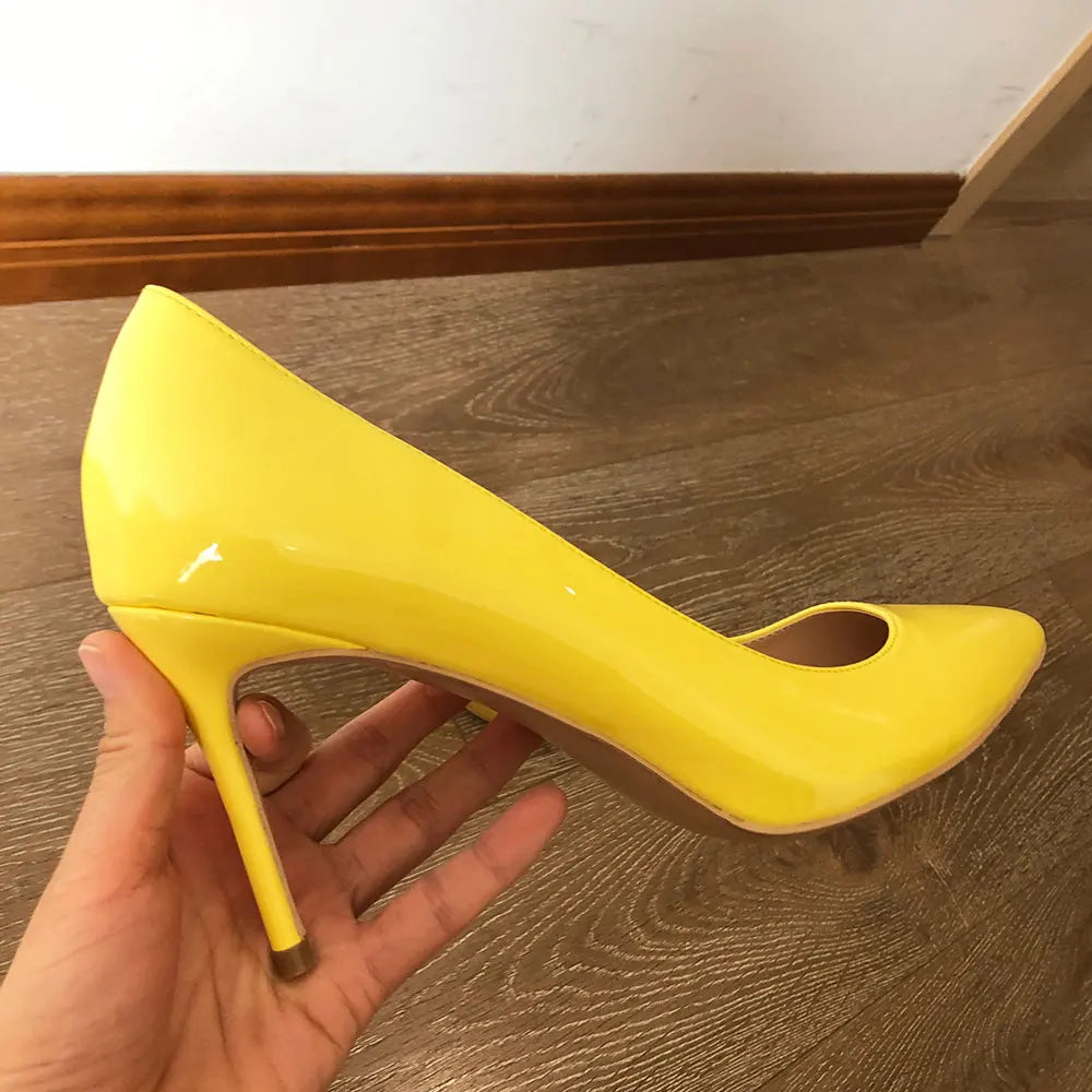 Yellow Women Patent Pointed Toe Pumps High Heels for Party Dress Fashion