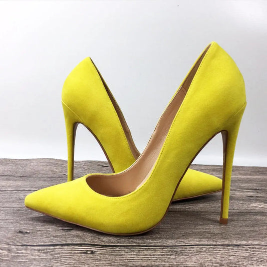Yellow Flock Pointed Toe Stilettos High Heels Chic Ladies Fashion Pumps