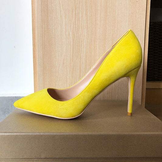 Yellow Flock Pointed Toe Stilettos High Heels Chic Ladies Fashion Pumps