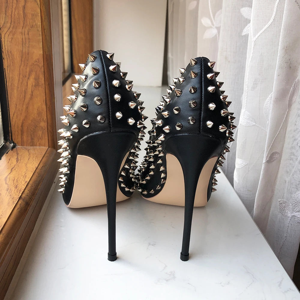 Black Matte Sexy Stiletto High Heels with Silver Spikes for Women