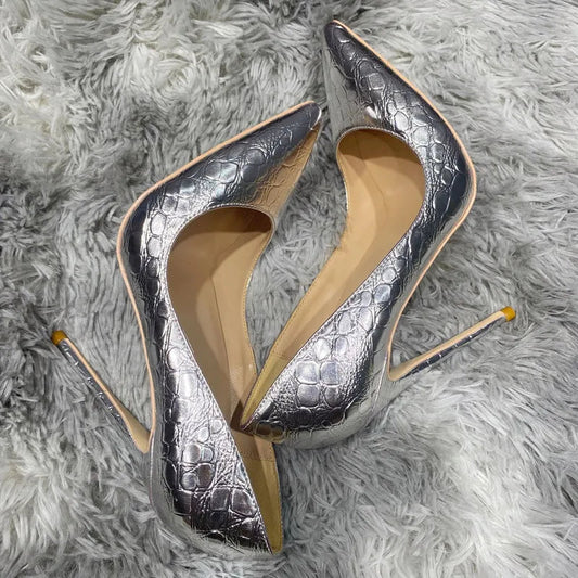 Silver Crocodile-Effect Women Sexy Pumps in 8cm, 10cm, and 12cm Pointed Toe High Heels