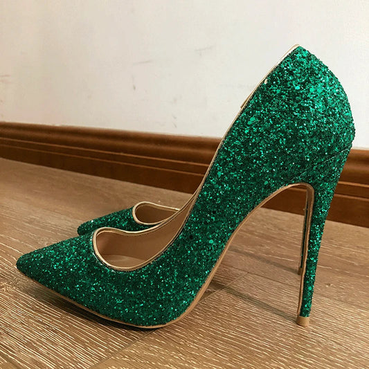 Green Glitter Pointed Toe Stilletto Pumps for Women - Sparkly Party High Heels