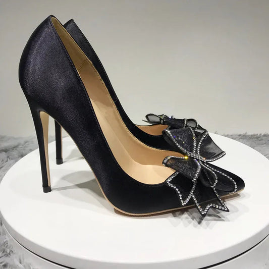 Satin Stiletto High Heels Slip On Pointed Toe Pumps with Silk Bowknot