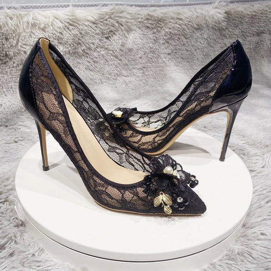 Floral Lace Mesh Pointy Toe High Heels for Women - Elegant Designer Stiletto