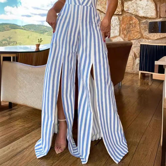 Women's Summer Lace-up Slit Striped Jumpsuit