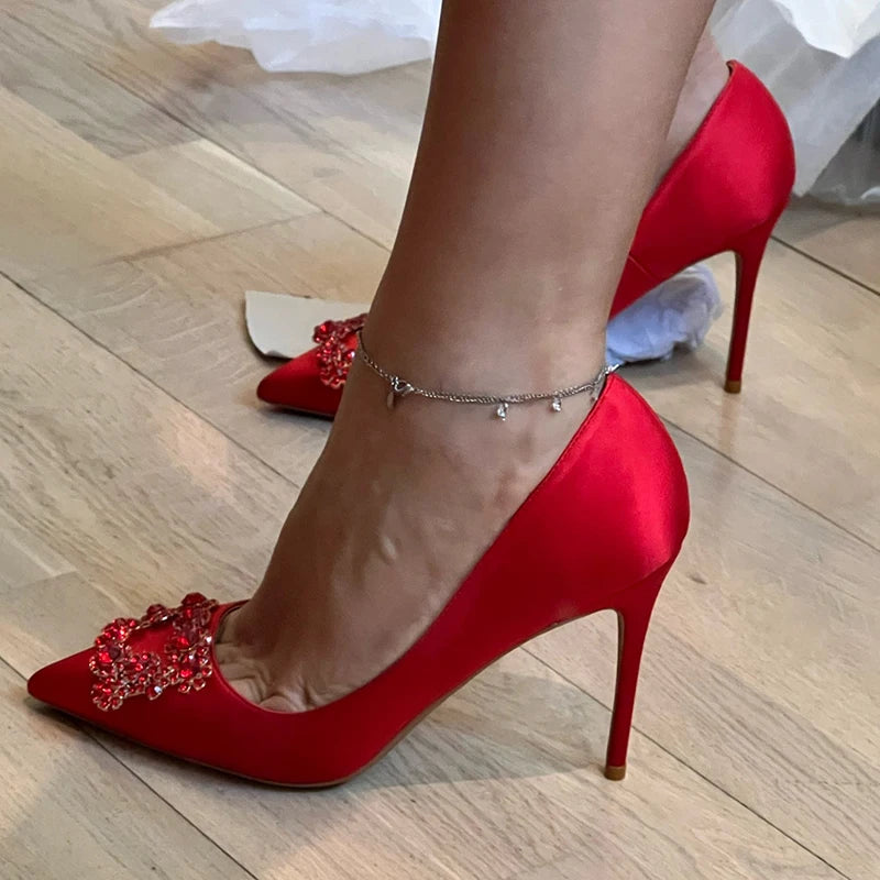 Red Silk Satin Pointy Toe High Heel with Square Rhinestones for Women