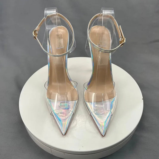 Summer Women Sexy Ankle Straps Clear PVC Pointy Toe High Heel