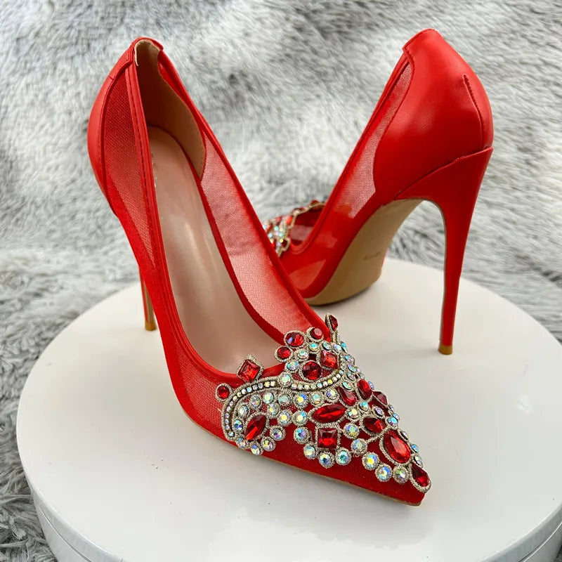 12cm High Heels Rhinestones Sexy Patchwork Red Mesh Gauze Pointy Toe Stiletto