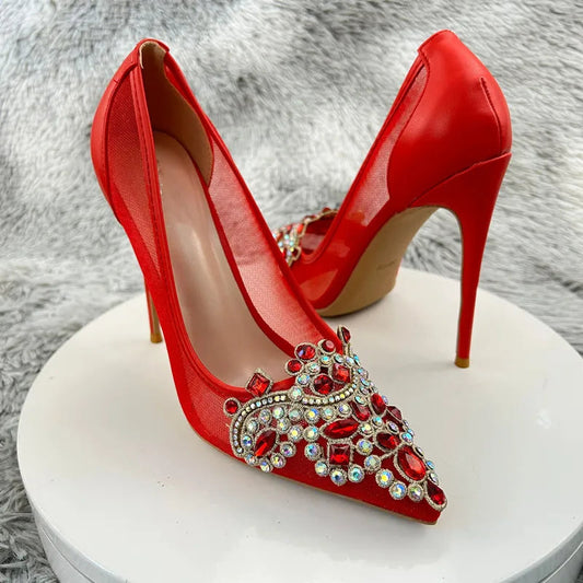 12cm High Heels Rhinestones Sexy Patchwork Red Mesh Gauze Pointy Toe Stiletto