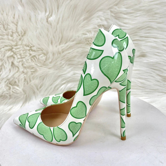 Sweetheart Print White Patent Pointy Toe High Heel Shoes for Women
