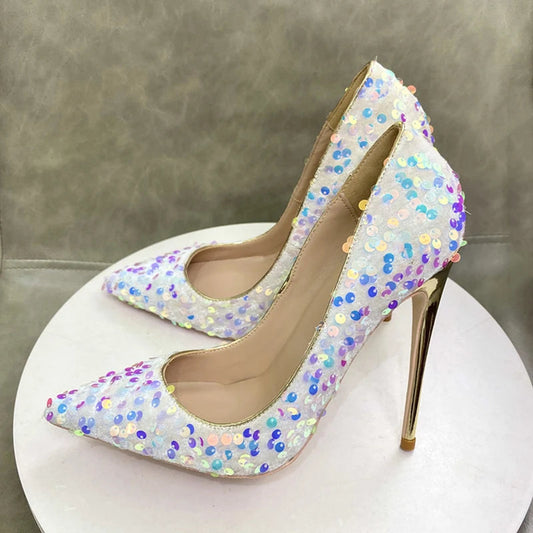 White Pointy Toe High Heel Shoes with Bling Sequins for Women