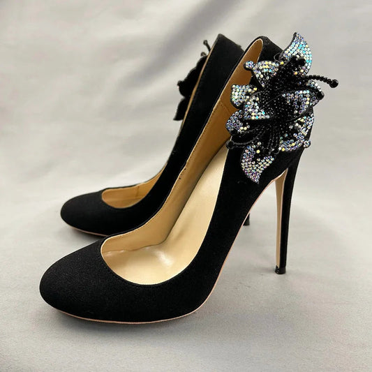 Black Flock Suede High Heel Shoes with Glitter Rhinestone Flower Embellishments