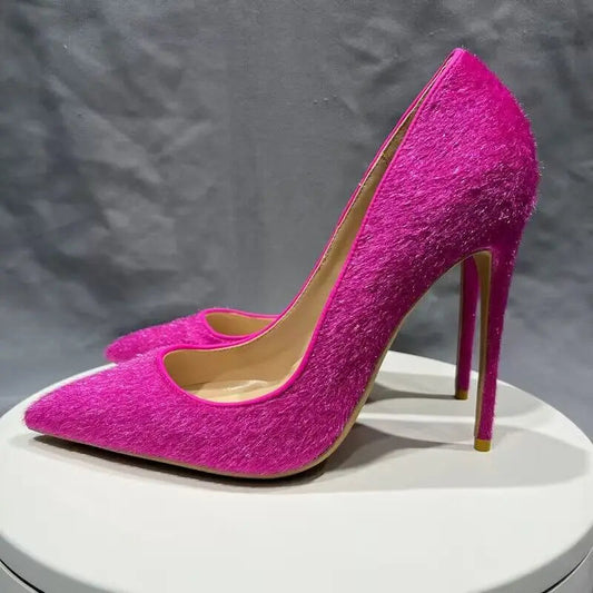 Rose Hairy Women Sexy Pointy Toe High Heel Slip On Stiletto Pumps
