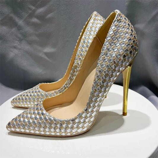 Shiny Plaid Chic Stilettos High Heels Bling Party Dress Shoes for Women
