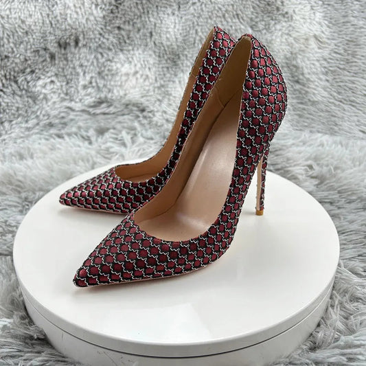 Wine Red Pointy Toe High Heel Shoes with Mesh Pattern for Women