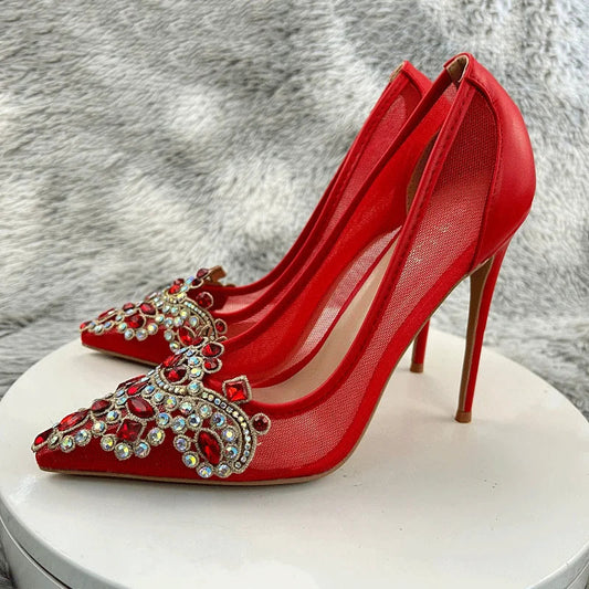 12cm High Heels Rhinestones Sexy Patchwork Red Mesh Gauze Pointy Toe Stiletto