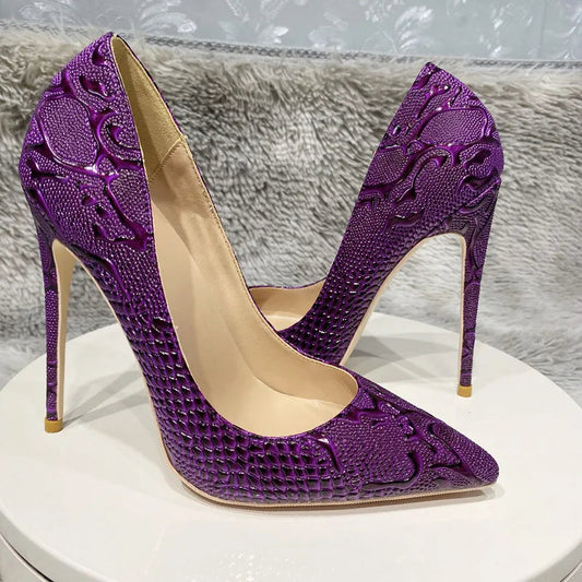 Purple Crocodile Embossed Pointy Toe Slip On High Heel Shoes for Women