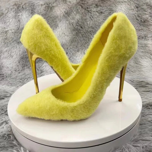 Yellow Faux Fur Pointy Toe High Heel Shoes for Women