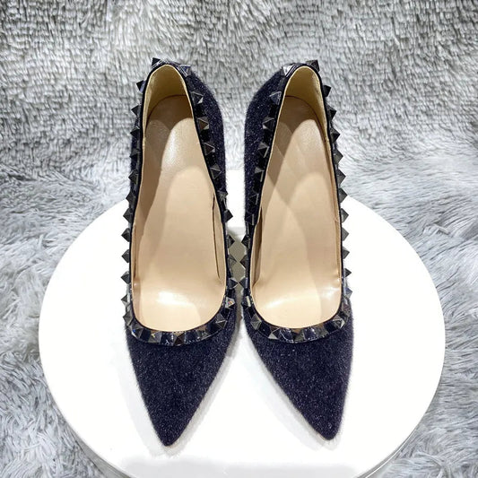 Black Flock Women Rivets Pointy Toe High Heel Shoes