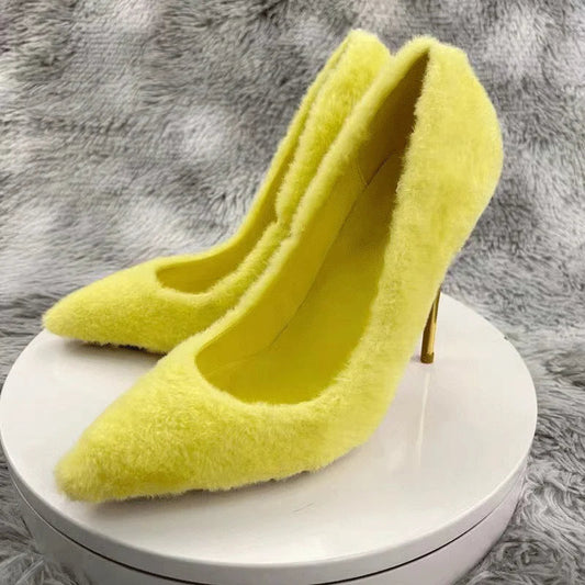 Yellow Faux Fur Pointy Toe High Heel Shoes for Women