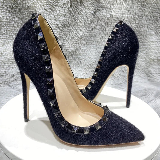 Black Flock Women Rivets Pointy Toe High Heel Shoes