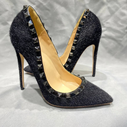 Black Hary Flock Women Sexy Rivets Pointy Toe High Heel Shoes