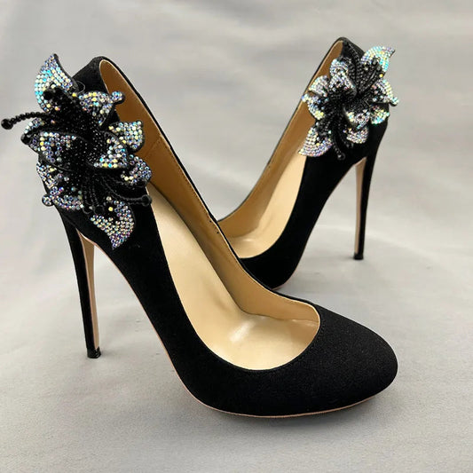 Black Flock Suede High Heel Shoes with Glitter Rhinestone Flower Embellishments