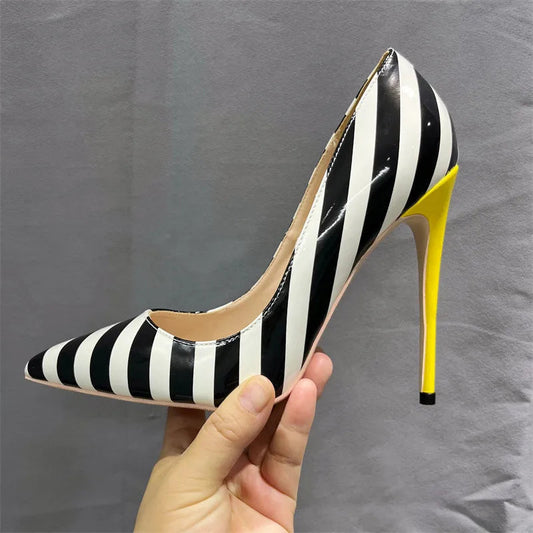 Striped Print Women Pointy Toe Stiletto Pumps with Yellow Heels