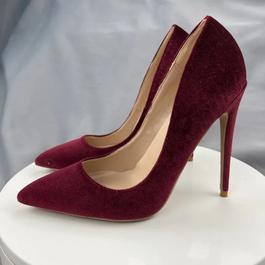 Wine Red Flock Pointy Toe High Heel Shoes for Women