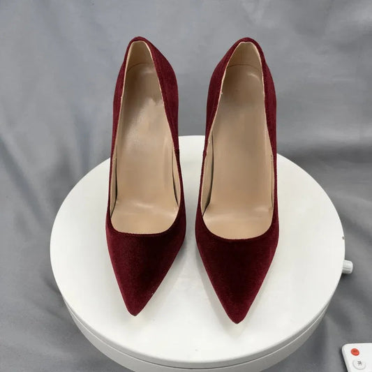 Wine Red Flock Pointy Toe High Heel Shoes for Women