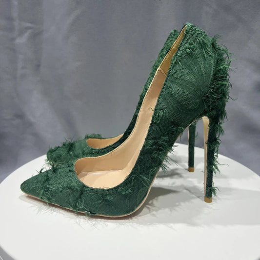 Green Tassel Distressed Fabric Stiletto High Heels Chic Sexy Pumps