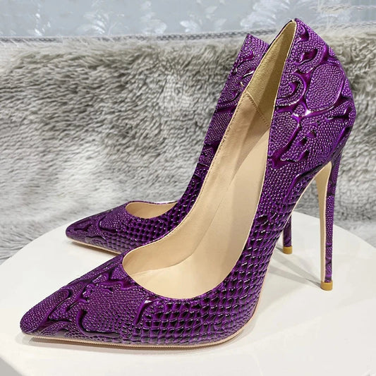 Purple Crocodile Embossed Pointy Toe Slip On High Heel Shoes for Women