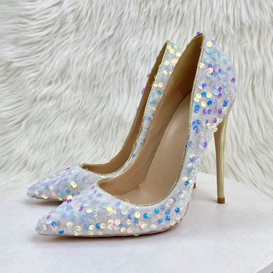 White Pointy Toe High Heel Shoes with Bling Sequins for Women
